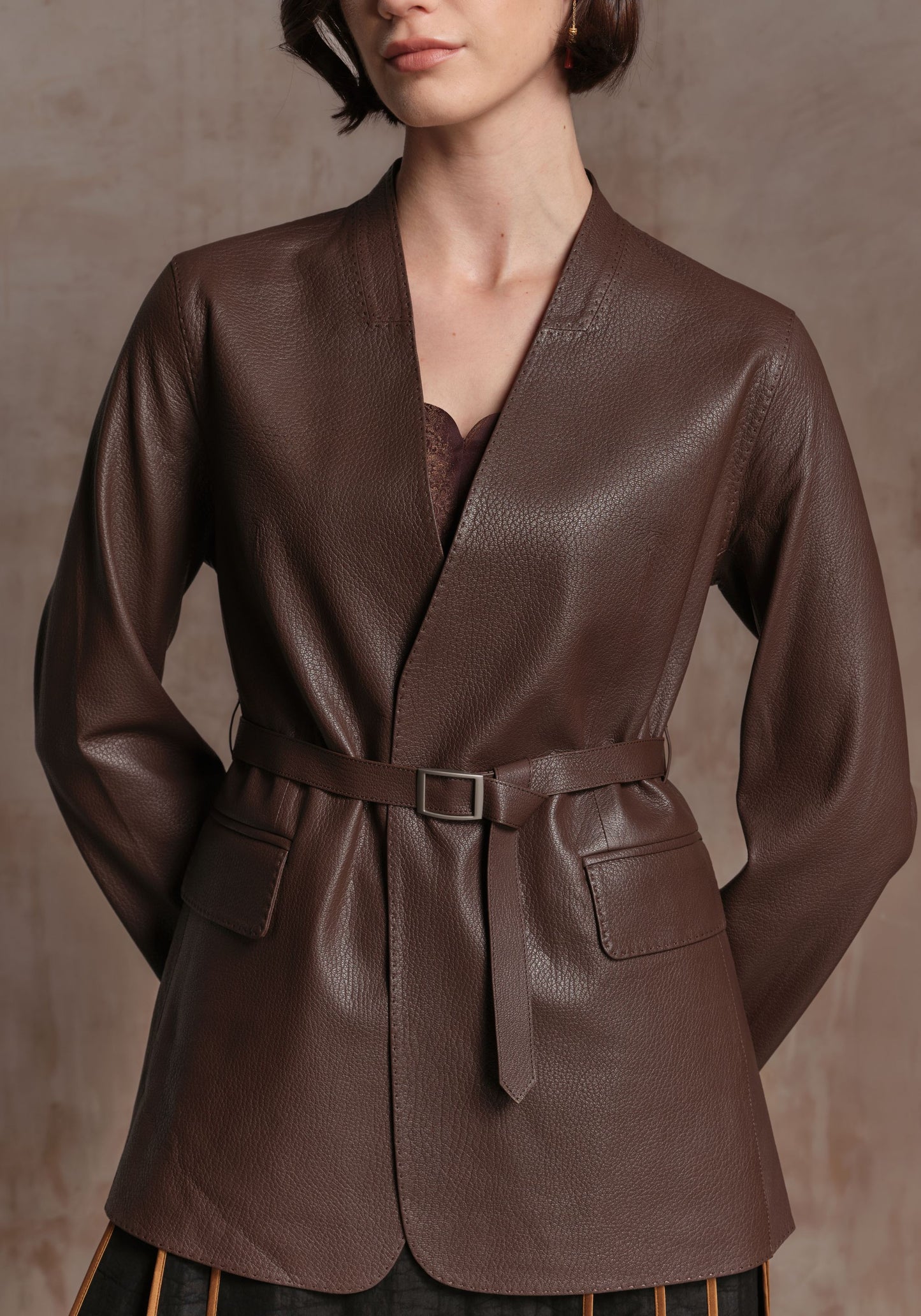 Brown Long Leather Jacket with Belt