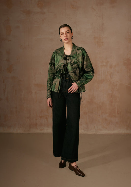 Green Leather Jacket with Flower Patterns