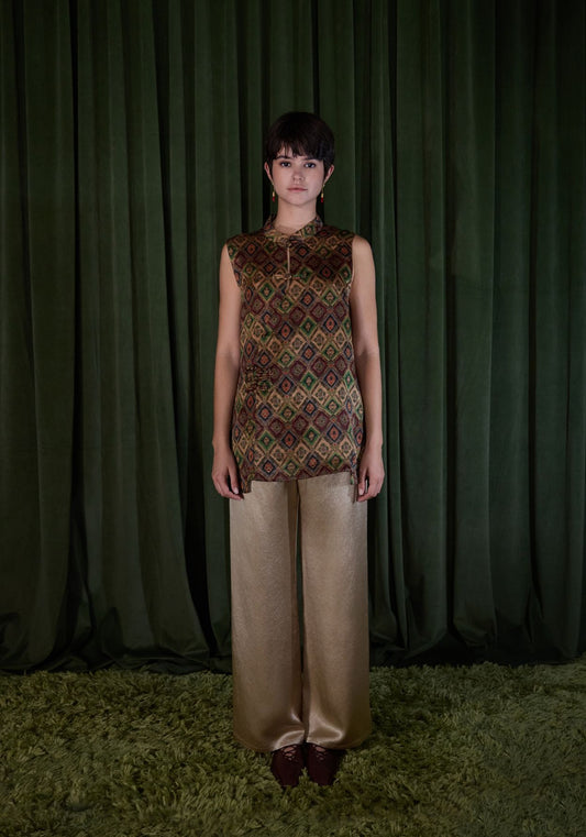 Brown Pattern Top with Mandarin Collar