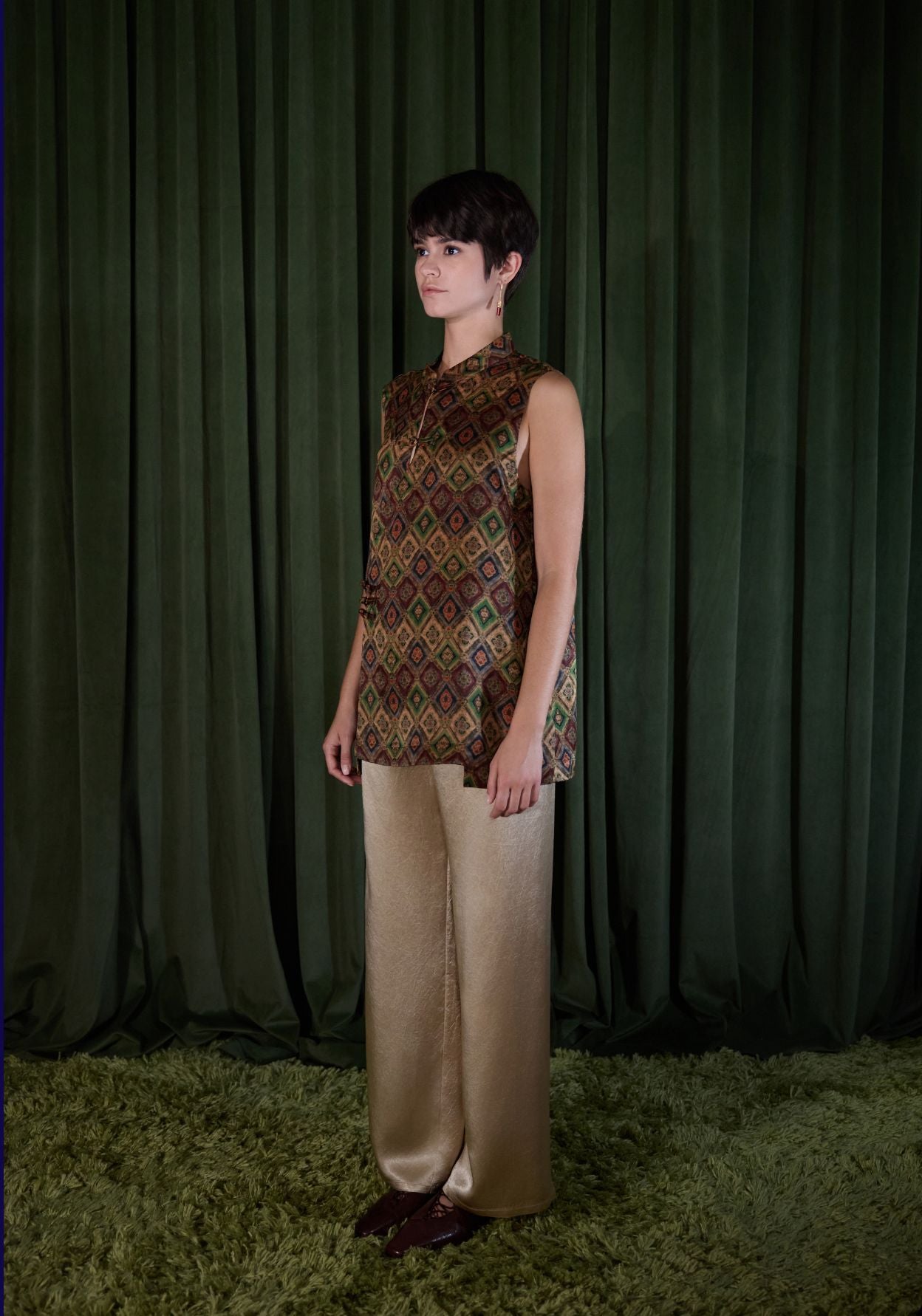 Brown Pattern Top with Mandarin Collar