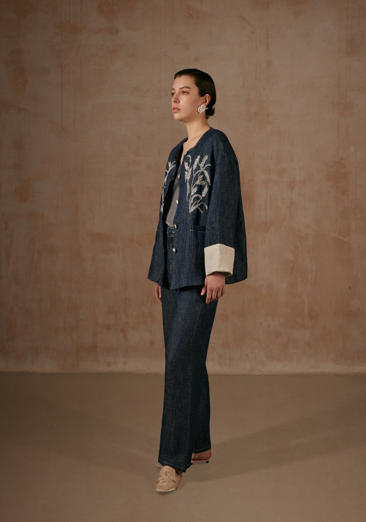 Denim Jacket with Bamboo Hand Embroidery