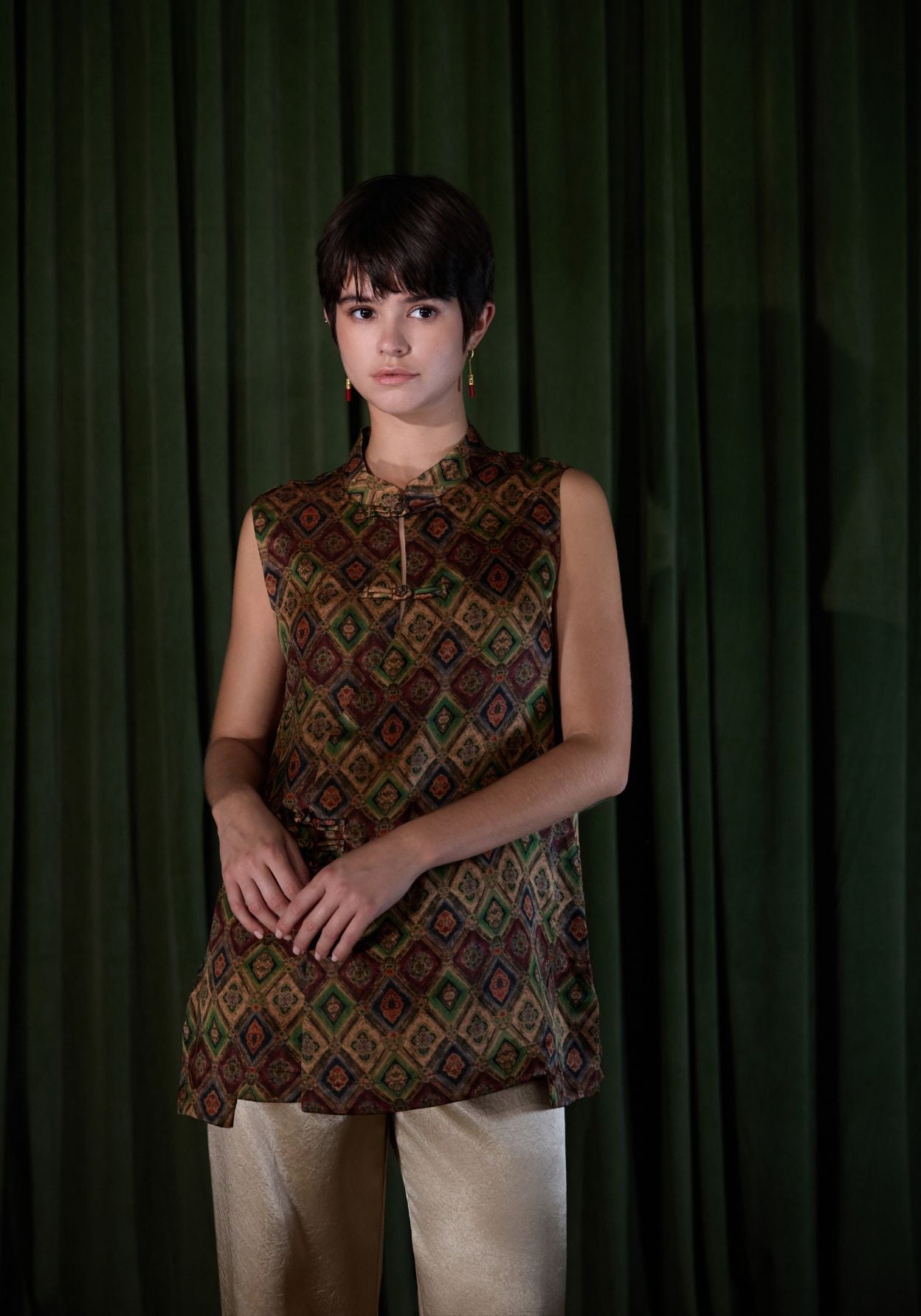 Brown Pattern Top with Mandarin Collar