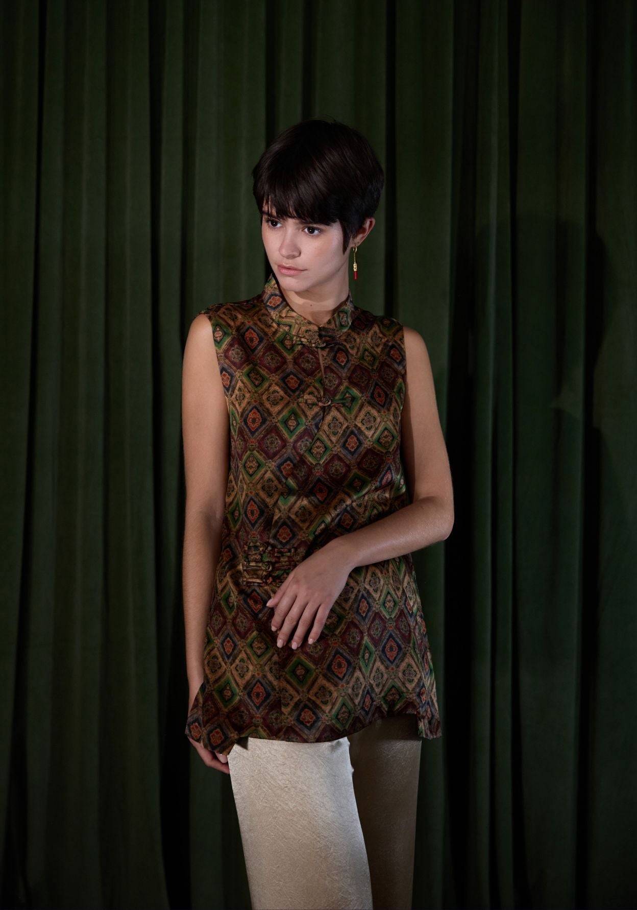 Brown Pattern Top with Mandarin Collar