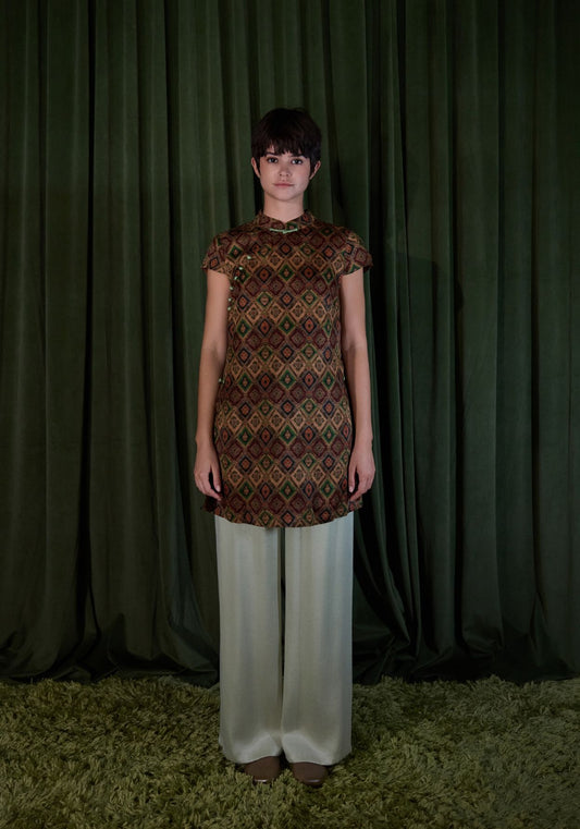 Brown Pattern Tunic with Mandarin Collar