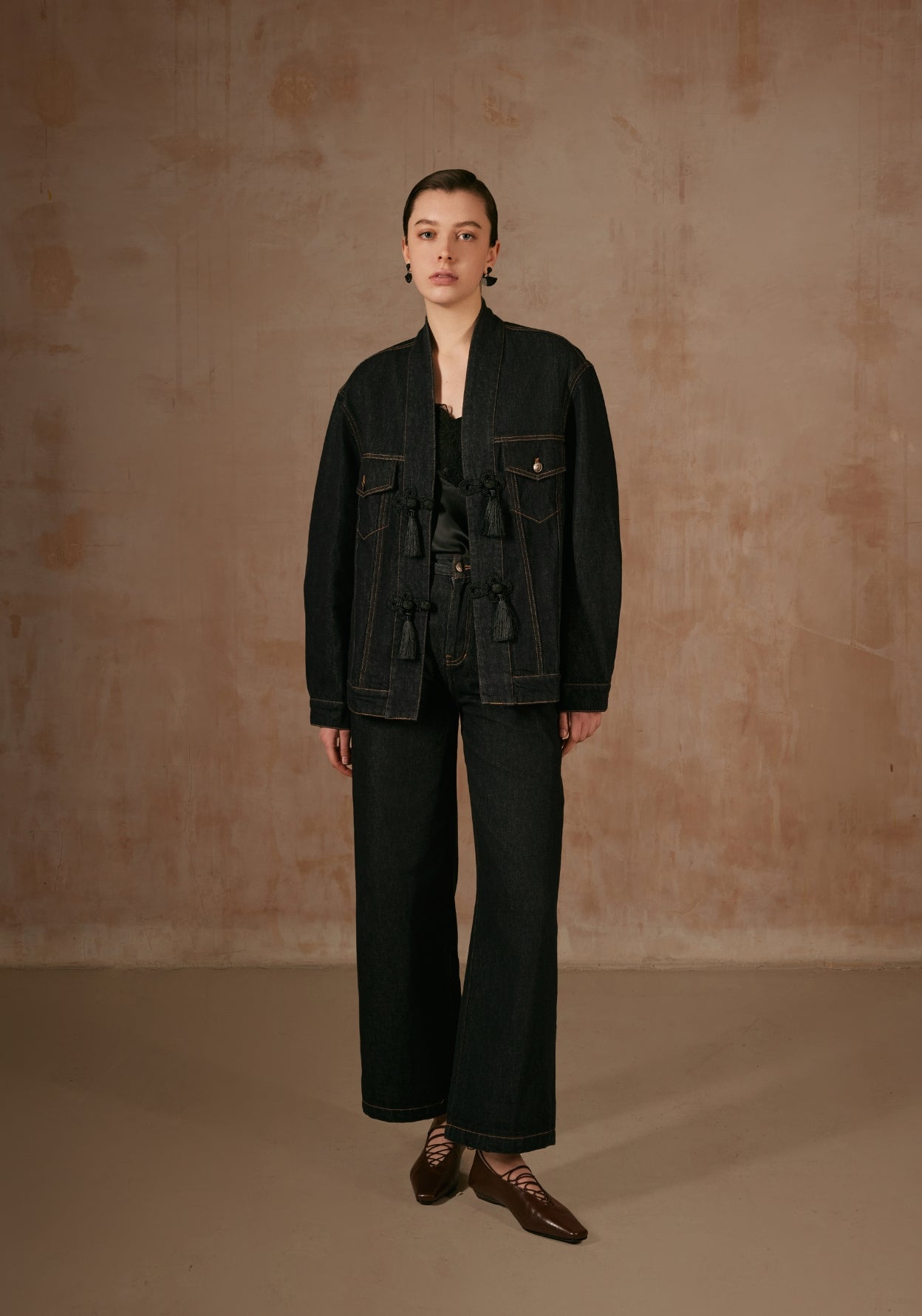 Denim Jacket with Chinese Tassel Buttons