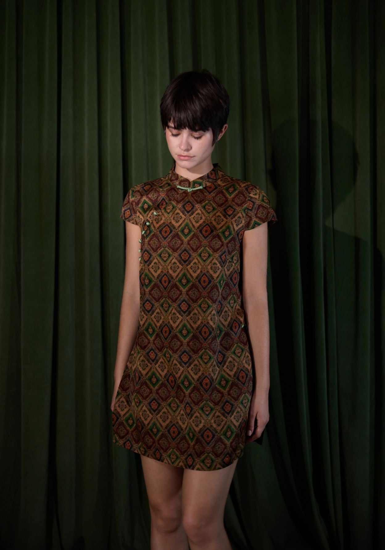 Brown Pattern Tunic with Mandarin Collar