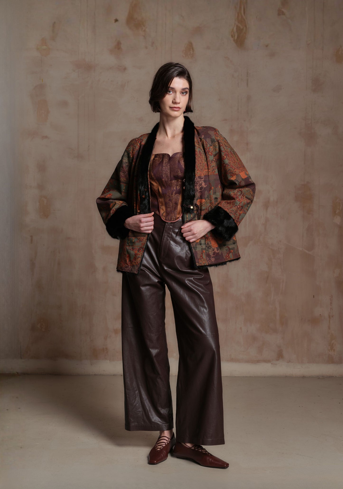 Double-sided Brown Pattern Jacket with Mink