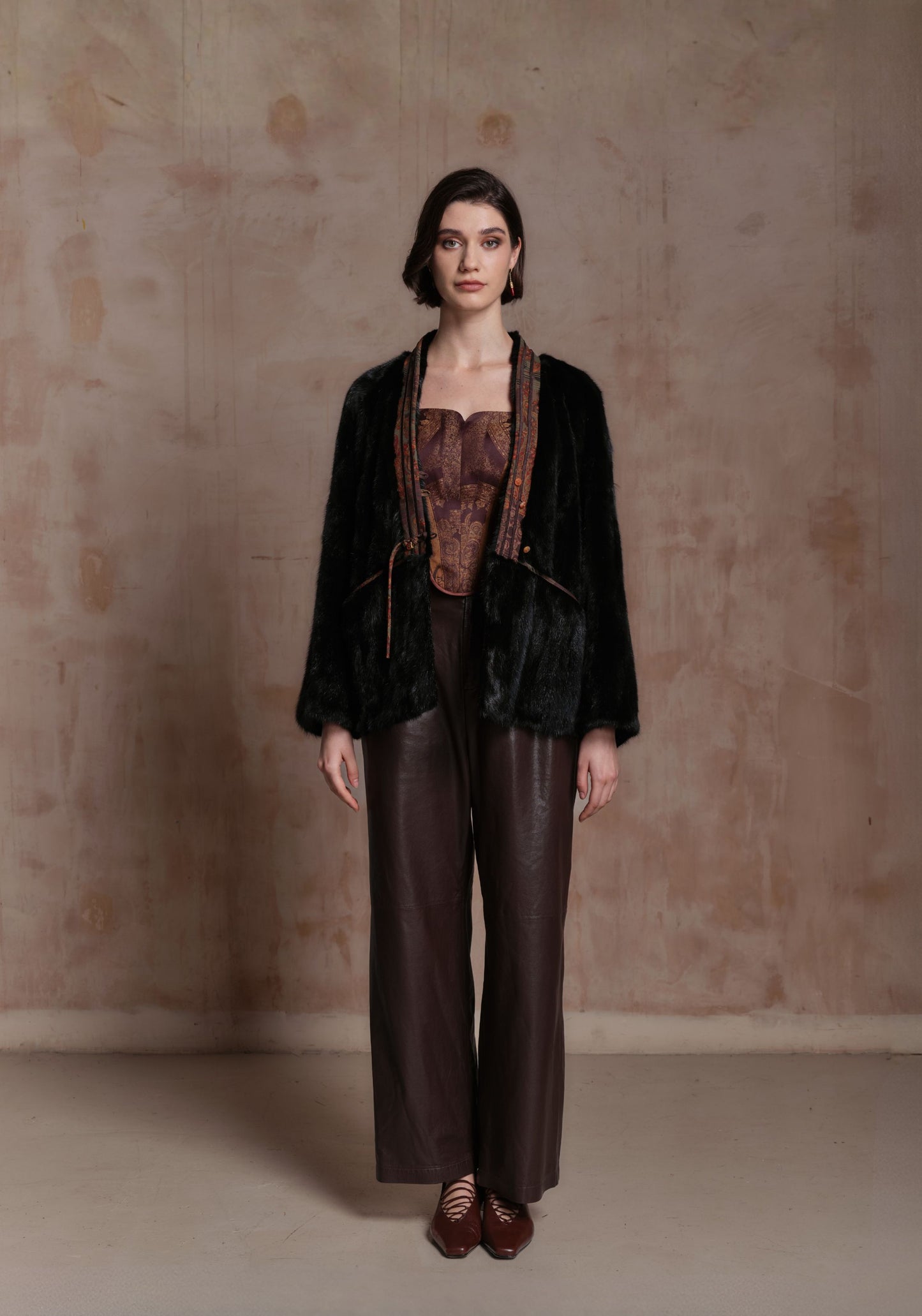 Double-sided Brown Pattern Jacket with Mink