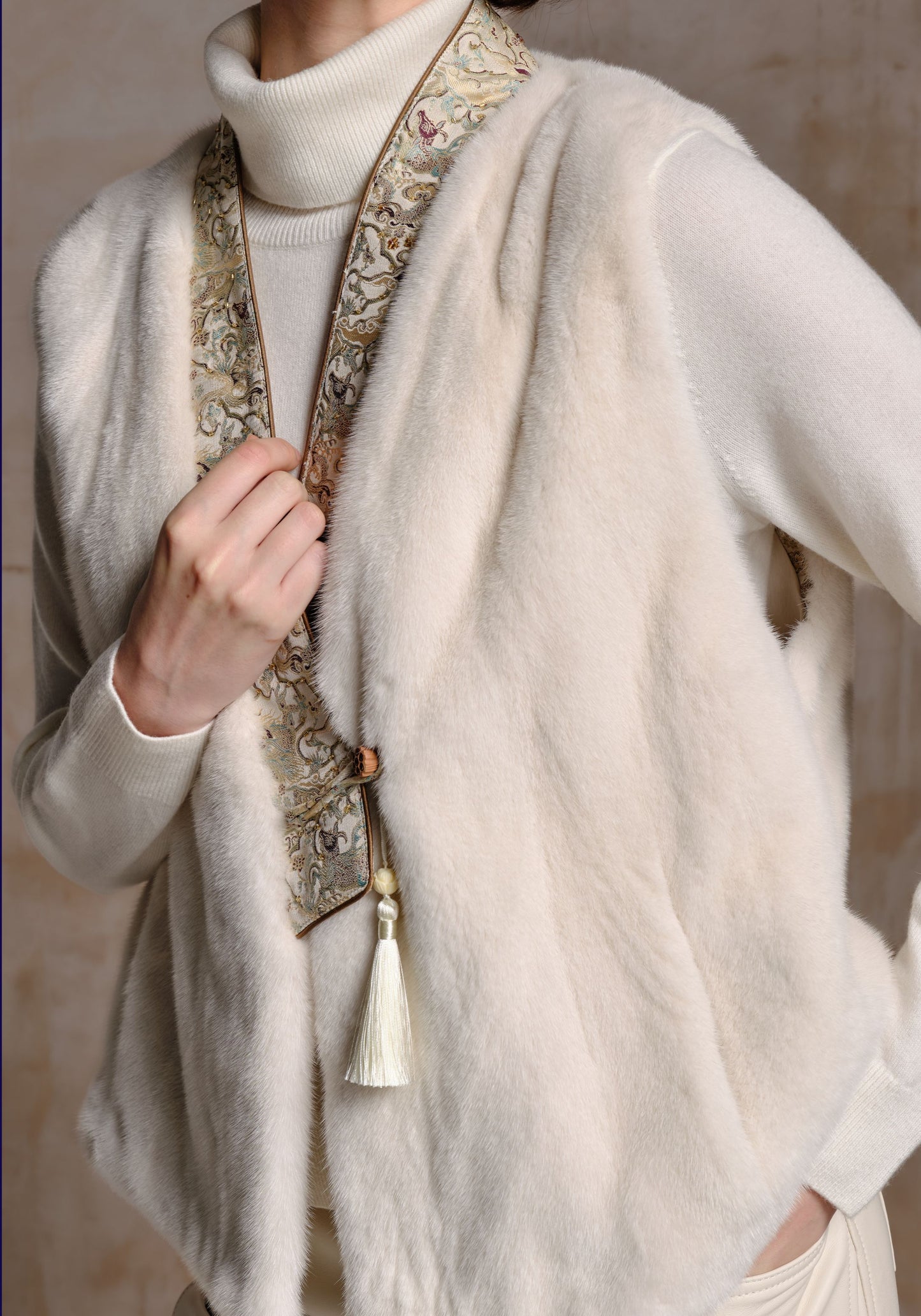 White Fur Vest with Beading Details