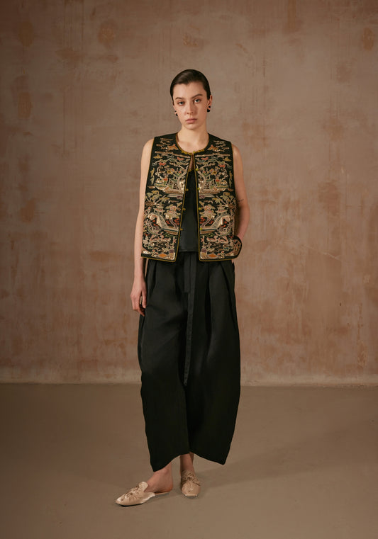Black Silk Vest with Golden Embroidery