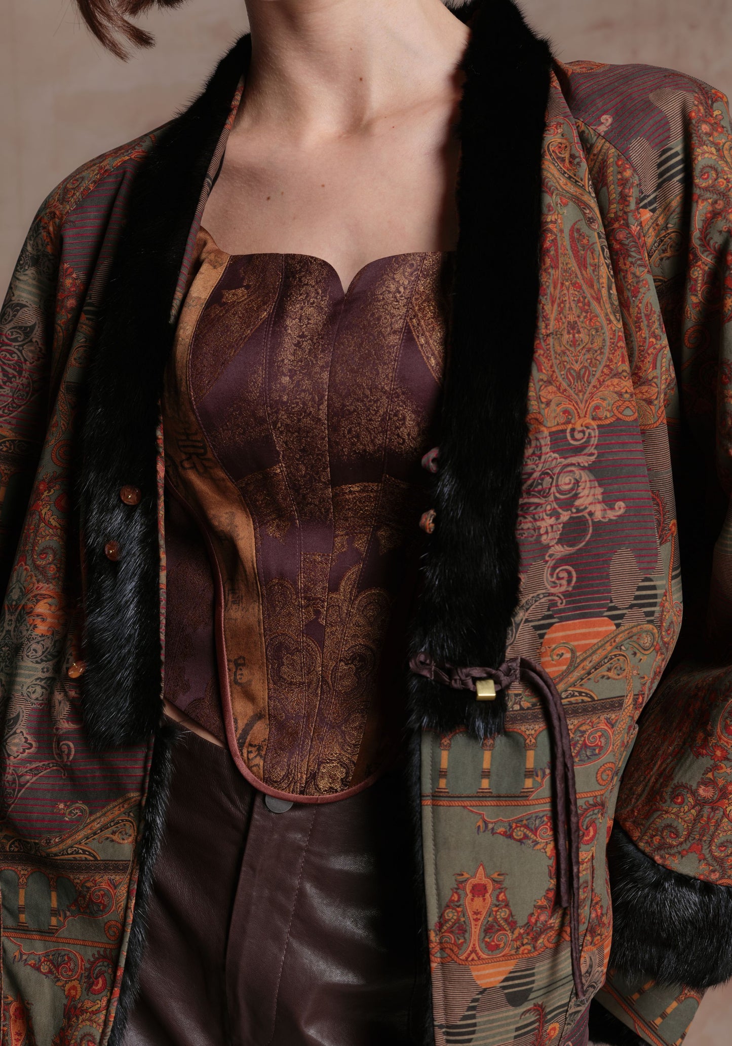 Double-sided Brown Pattern Jacket with Mink