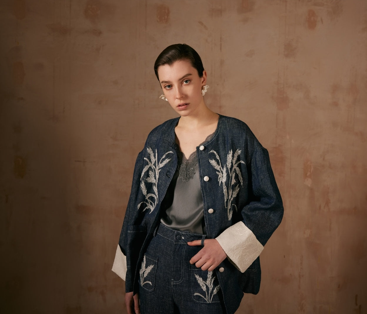 Denim Jacket with Bamboo Hand Embroidery