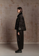 Black Puffer Jacket with Green Chinese Details
