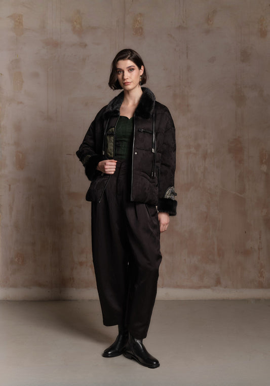 Black Puffer Jacket with Green Chinese Details