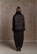 Black Puffer Jacket with Green Chinese Details