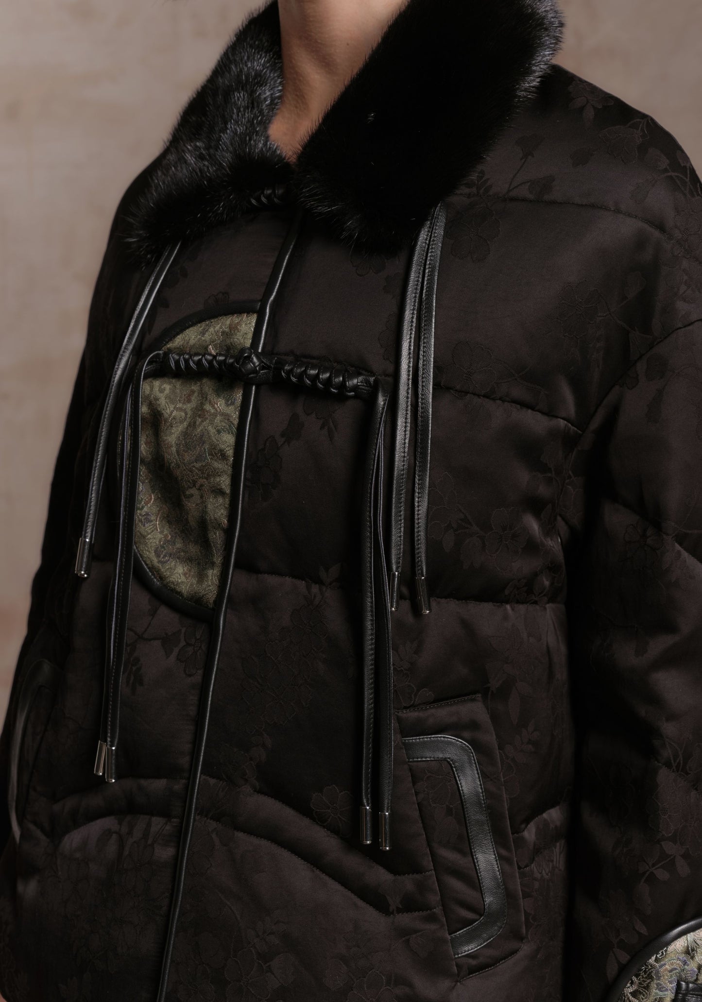 Black Puffer Jacket with Green Chinese Details