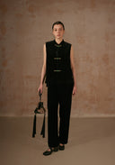 Black Velvet Vest with Green Button Details