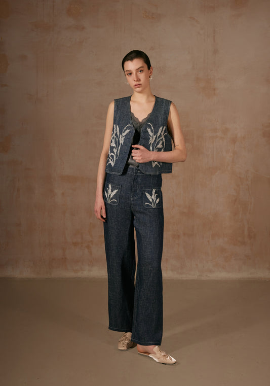 Straight Trousers with Bamboo Hand Embroidery