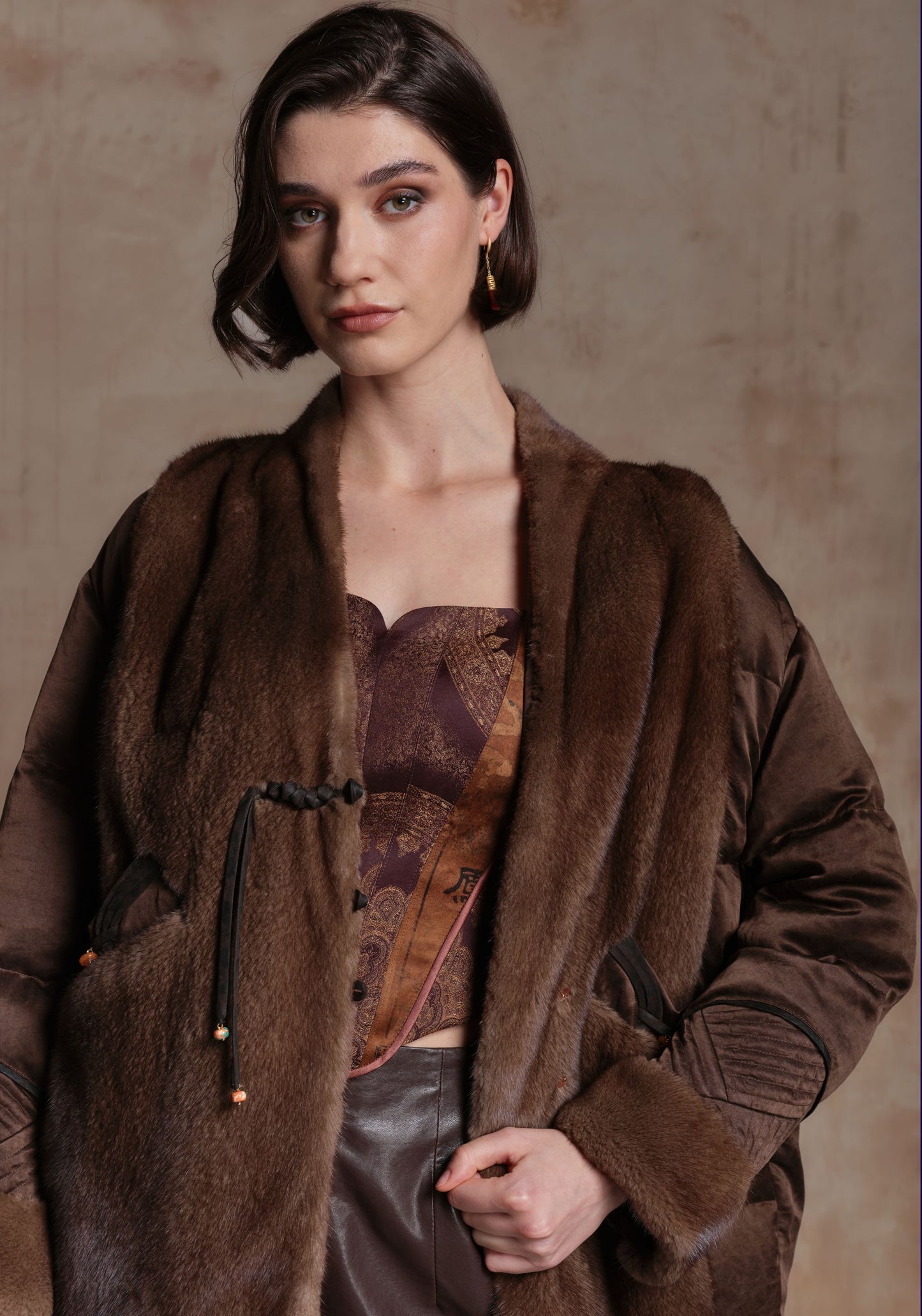 Brown Fur Puffer Jacket with Chinese Button Details