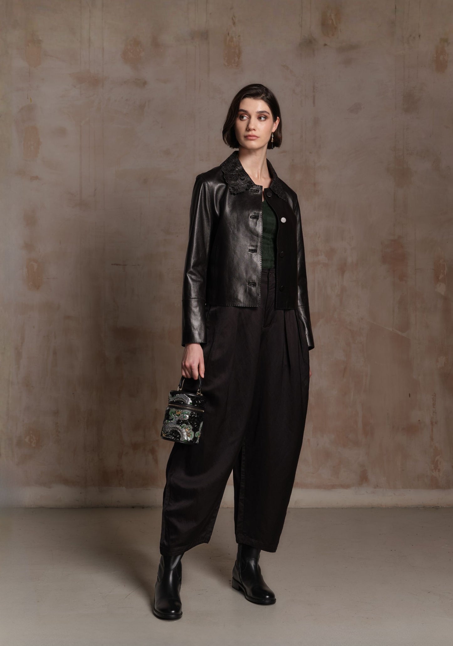 Black Leather Hand-Beaded Bucket Bag