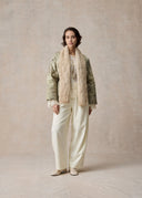 Ash Green Puffer Jacket with Detachable Beige Fur Collar