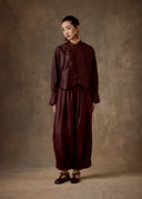 Burgundy Cross-Collar Chinese Knot Mud-Dyed Silk Shirt