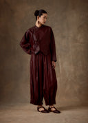 Burgundy Cross-Collar Chinese Knot Mud-Dyed Silk Shirt