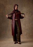 Burgundy Hooded Mud-Dyed Long Coat