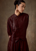 Burgundy Cross-Collar Chinese Knot Mud-Dyed Silk Shirt
