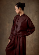 Burgundy Cross-Collar Chinese Knot Mud-Dyed Silk Shirt