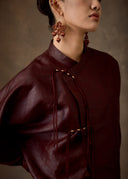 Burgundy Cross-Collar Chinese Knot Mud-Dyed Silk Shirt