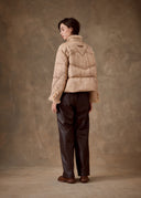 Beige Floral Goose Down Jacket with Fur Trim