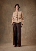 Beige Floral Goose Down Jacket with Fur Trim