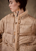Beige Floral Goose Down Jacket with Fur Trim
