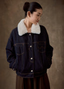 Dark Indigo Denim Jacket with White Fur Collar