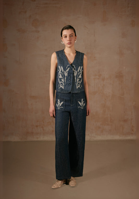 Denim Vest with Bamboo Hand Embroidery