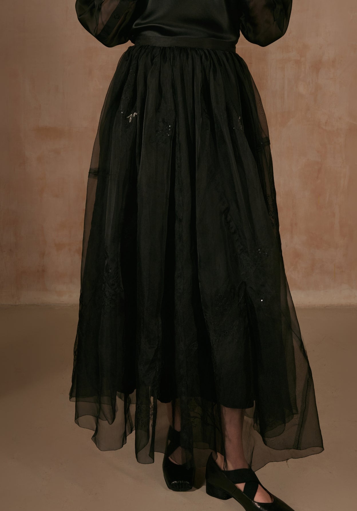 Black Silk Skirt with Flower Embroidery