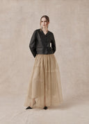Beige Silk Skirt with Flower Embroidery
