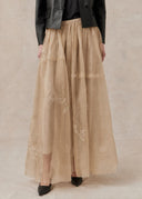 Beige Silk Skirt with Flower Embroidery